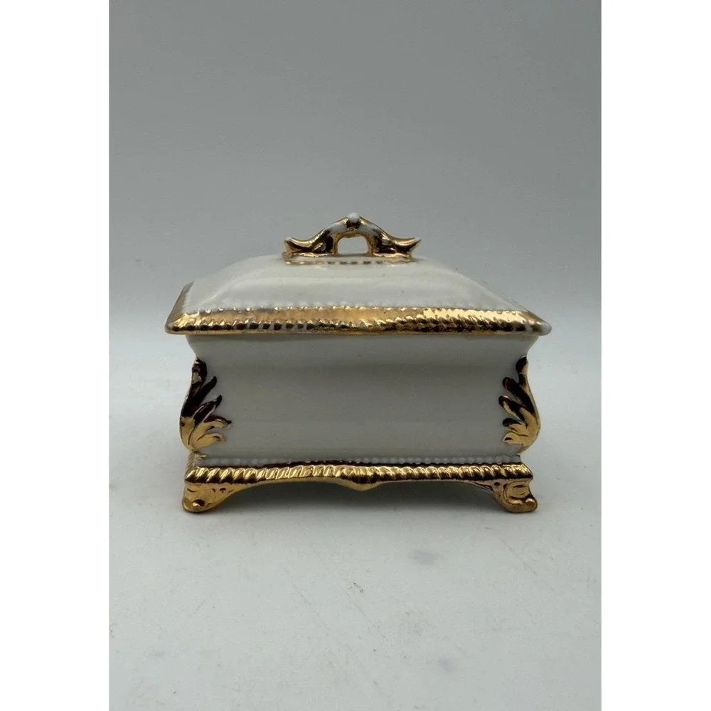 Vintage Miniature Porcelain Trinket Box White Gold Gilt Footed Casket 2.25